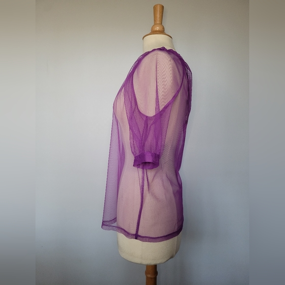 NWT! DKNY Purple Sheer Tulle Overlay Puffy Sleeve Blouse Top SZ M - Picture 3 of 8